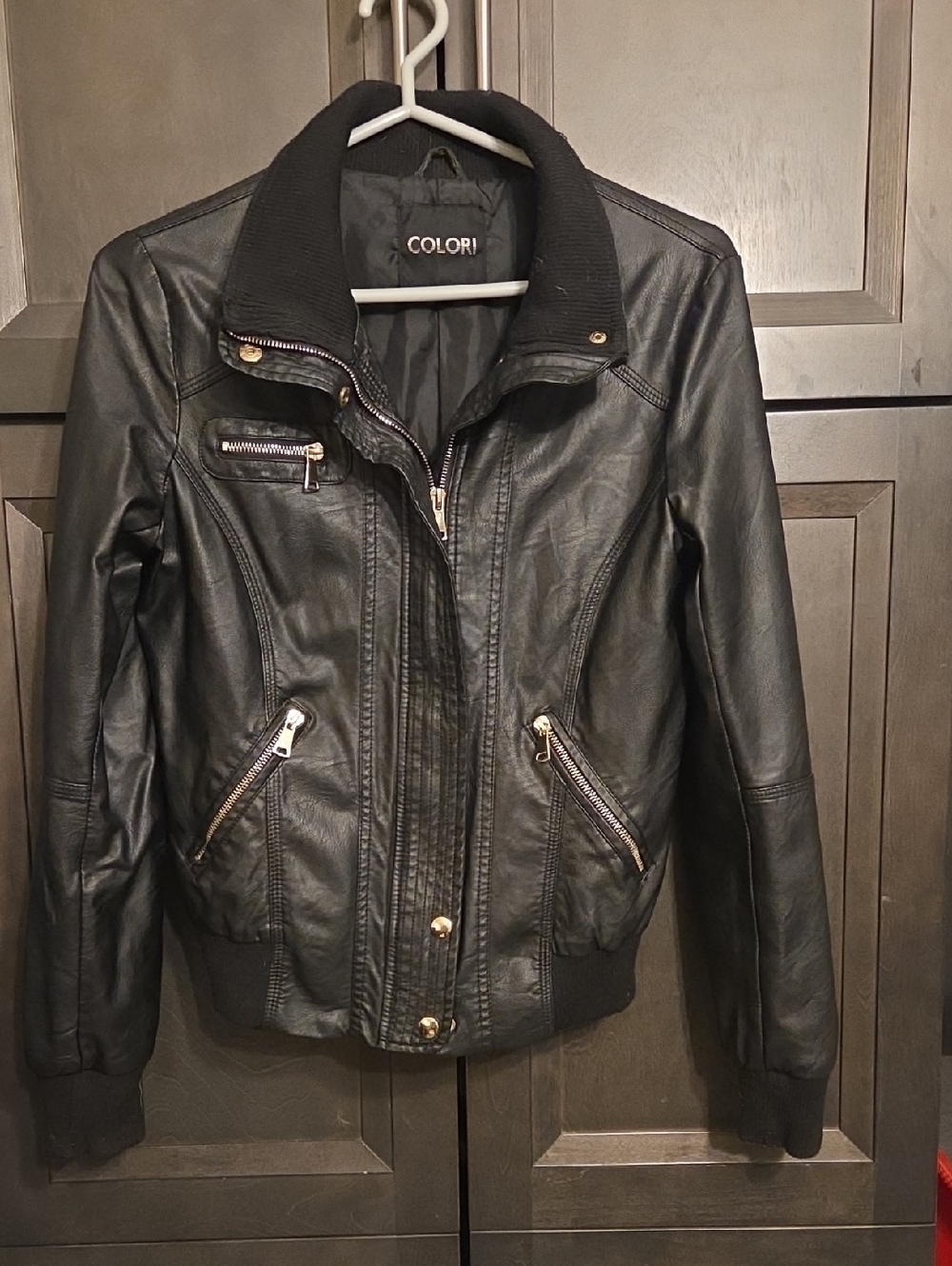 Colori Women's Black Faux Leather Bomber Jacket with Ribbed Collar